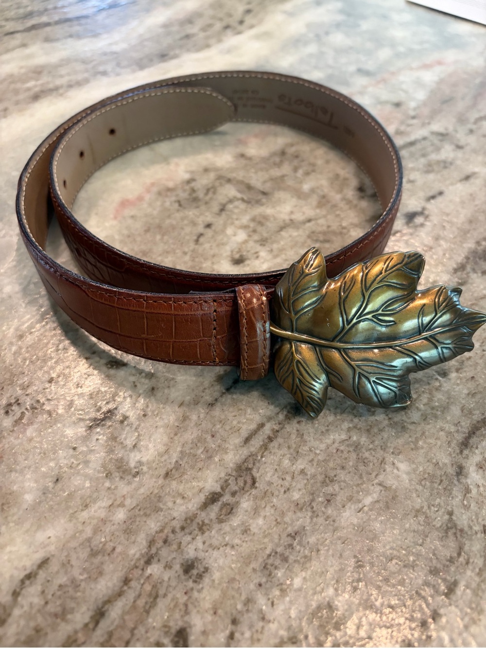 Talbots Brown Croc Embossed Leather Belt Brass Leaf Buckle ITALY Size-S 6021